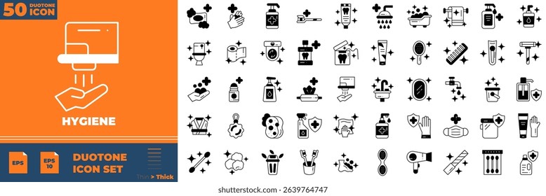 Hygiene Duotone Editable Icons set. Vector illustration in modern thin duotone style of hygiene icons: cleaning, disinfection, soap, etc