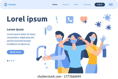 Hygiene during coronavirus epidemic. People in gloves and face masks, washing hands, cleaning surfaces with alcoholic sanitizers. Vector illustration for virus spread prevention, protection concept