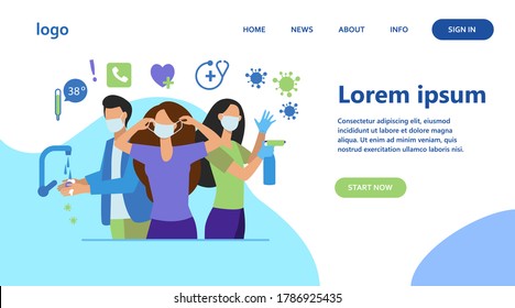 Hygiene during coronavirus epidemic. People in gloves and face masks, washing hands, cleaning surfaces with alcoholic sanitizers. Vector illustration for virus spread prevention, protection concept