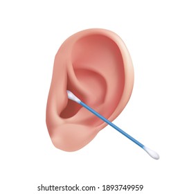 Hygiene of the ear canal with a cotton swab. Vector realistic illustration of cleaning the human ear from earwax close up isolated on a white background