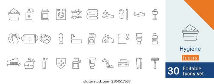 Higiene editable símbolos de icono de contorno de trazo. desinfectante de manos, máscara facial, cepillo de dientes, lavado de manos, desinfectante en aerosol y más iconos