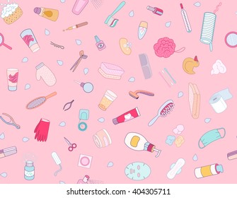 Hygiene elements seamless pattern on pink background, flat cartoon vector illustration