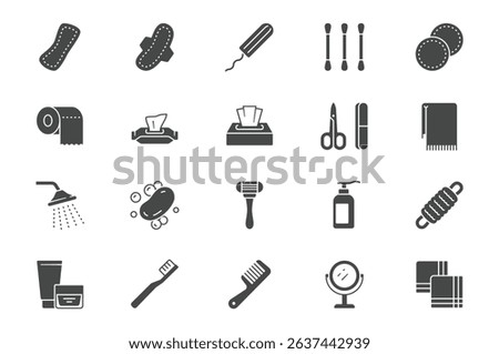 Hygiene glyph icon set. Vector pictograms - shower, soap, towel, toilet paper, tissue, sponge, handkerchiefs, cream black sign silhouette illustration.