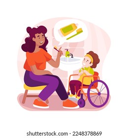 Hygiene and grooming isolated cartoon vector illustration. Teach personal hygiene to children with disability, self-care for disabled kids, grooming skills, inclusive child care vector cartoon.