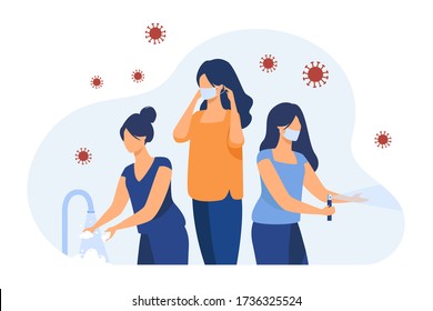 Hygiene guide for protection from coronavirus. Washing and sanitizing hands with akcohol, wearing masks. Vector illustration for virus spread prevention, infection, safety concept