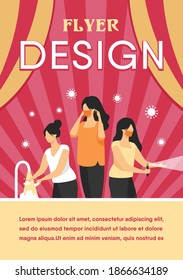 Hygiene guide for protection from coronavirus. Washing and sanitizing hands with akcohol, wearing masks. Vector illustration for virus spread prevention, infection, safety concept