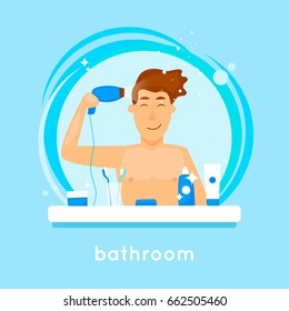 Hygiene guy blows hair dry. Flat vector illustration in cartoon style.