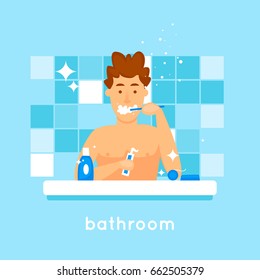 Hygiene guy is brushing his teeth. Flat vector illustration in cartoon style.