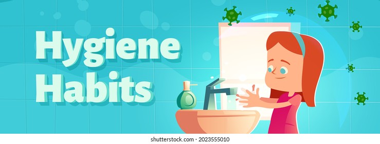 Hygiene habits cartoon banner, girl washing hands