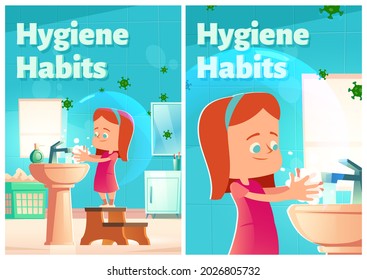 Hygiene habits cartoon posters. girl washing hands