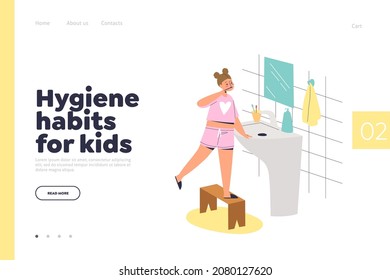Hygiene habits for kids concept of landing page with small girl brushing teeth in bathroom with toothbrush and toothpaste. Cute child taking care of dental health. Cartoon flat vector illustration
