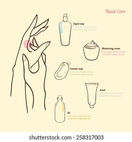 Hygiene and hand care. A simple concept with cosmetic items: cream, soap, scrub, oil. Infographic woman hygiene. Vector illustration.