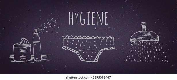 Hygiene. Handgezeichnete Vektorgrafik auf Chalkboard-Hintergrund. Badezubehör. Vektorgrafik. EPS10