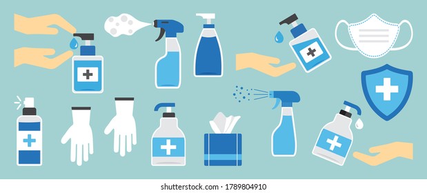 Hygiene hand spray, PPE icons, disinfect, mask, corona virus protection, antiseptic, sanitizer bottles, washing gel, antibacterial soap, gloves, napkins, personal protective equipment. Vector