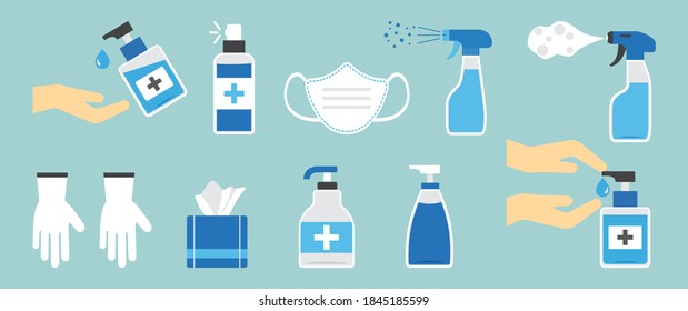 Hygiene hand spray, PPE icons, disinfect, mask, corona virus protection, antiseptic, sanitizer bottles, washing gel, antibacterial soap, gloves, napkins, personal protective equipment. Vector