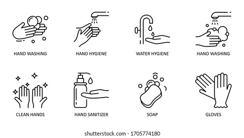 Hygiene hand washing. Vector set of dessert icons. Editable Stroke. Wash hands with soap and water, antiseptic, gloves.