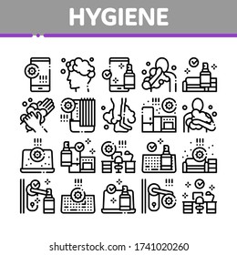 Hygiene And Healthcare Collection Icons Set Vector. Cleaning Mobile Phone And Handle Sanitized Antiseptic, Wash Hand, Head And Body Hygiene Concept Linear Pictograms. Monochrome Contour Illustrations