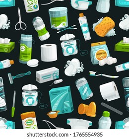 Hygiene and healthcare seamless pattern, washing and bathing items background. Health care toiletries daily cosmetics, shaving razor, hygienic tampons, baby diaper, wet towels and toothpaste pattern