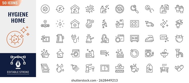 Hygiene home line editable icon set. Containing clean, water, hand, laundry, spray and more. Vector illustration