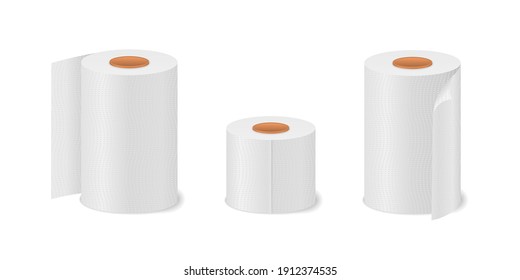 Hygiene household item for restrooms. Toilet paper roll for bathroom and restroom, white soft kitchen towels set. Cute cartoon tissue paper set, roll box, use for toilet, kitchen. Vector illustration.