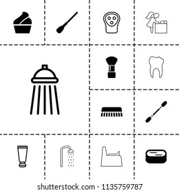 Hygiene icon. collection of 13 hygiene filled and outline icons such as shaving brush, mop, cream tube, electric razor, shower. editable hygiene icons for web and mobile.