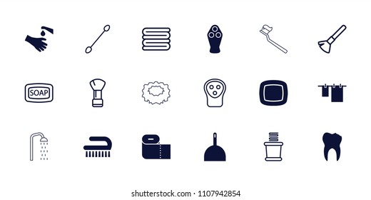 Hygiene icon. collection of 18 hygiene filled and outline icons such as dustpan, cloth hanging, clean brush, hands washing. editable hygiene icons for web and mobile.