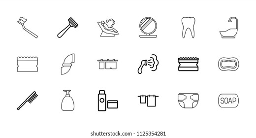 Hygiene icon. collection of 18 hygiene outline icons such as razor, toothbrush, shower, cloth hanging, sponge, cream tube, diaper. editable hygiene icons for web and mobile.