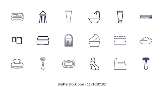 Hygiene icon. collection of 18 hygiene outline icons such as cream tube, razor, sponge, cloth hanging, clean brush, shower. editable hygiene icons for web and mobile.