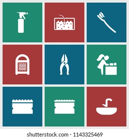 Hygiene icon. collection of 9 hygiene filled icons such as spray bottle, sponge, tooth brush, hair, baby changing room, nippers. editable hygiene icons for web and mobile.