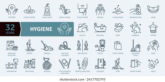 Hygiene icon collection. Conditions and practices that help to maintain health and prevent the spread of diseases.