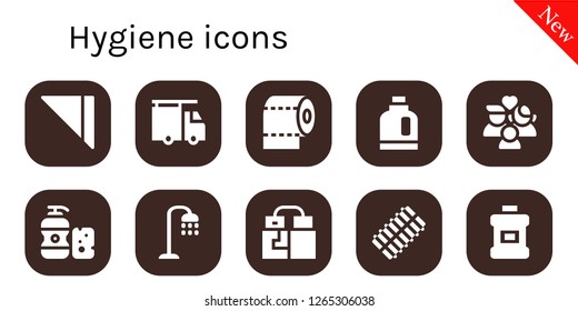  hygiene icon set. 10 filled hygiene icons. Simple modern icons about  - Napkin, Plumber, Toilet paper, Detergent, Wellness, Shampoo, Shower, Gloves, Hair curler, Mouthwash