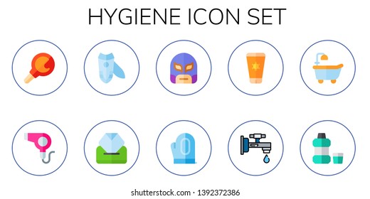 hygiene icon set. 10 flat hygiene icons.  Collection Of - enema, dryer, nail clippers, wipes, mask, gloves, sun lotion, faucet, bathtub, mouthwash