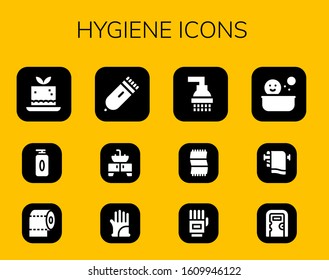 hygiene icon set. 12 filled hygiene icons.  Simple modern icons such as: Mousse, Gel, Toilet paper, Electric razor, Sink, Gloves, Shower, Towel, Public toilet