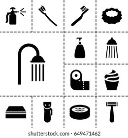 Hygiene icon. set of 13 filled hygieneicons such as razor, electric razor, soap, cream, toothbrush, sponge, paper towel, shower, spray bottle, tooth brush