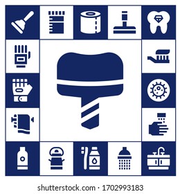 Hygienesymbol-Set. 17 gefüllte Hygienesymbole.  Einfache, moderne Symbole wie: Plunger, Handschuhe, Handschuhe, Zahnimplantat, Handtuch, Zahnbürste, Bakterien, WASCHHÄNDE, Shampoo, Urin, Eimer