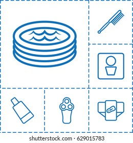 Hygiene icon. set of 6 hygiene outline icons such as man WC, diaper, electric razor, cream tube, toothbrush