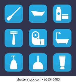Hygiene icon. set of 9 filled hygiene icons such as cream tube, razor, soap, dustpan, mop, shower, paper towel