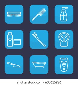 Hygiene icon. set of 9 outline hygiene icons such as electric razor, toothbrush, dustpan, bottle soap, clean brush, tooth brush, bath