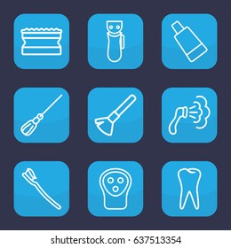 Hygiene icon. set of 9 outline hygiene icons such as electric razor, shaving brush, cream tube, mop, shower, sponge, tooth