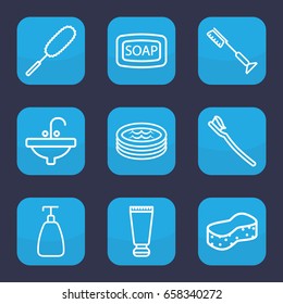 Hygiene icon. set of 9 outline hygiene icons such as cream tube, soap, soap, toothbrush, sponge, dust brush, sink, tooth brush