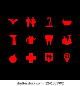 hygiene icon set about pharmacy sign, wc sign, bomb and tooth vector set
