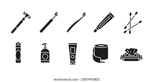 Hygiene icon set black. Personal care and grooming vector illustration. Bathroom essentials concept. Toothbrush, razor and soap symbols. Skincare and dental sanitation silhouette representation.