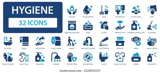 Hygiene icon set. Cleaning, disinfection, sanitation, sweep, soap, bathing.