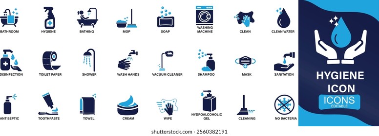 Hygiene icon icon set. cleaning, disinfection, soap, bathing, sweep, shower, washing hands, You can easily change the color