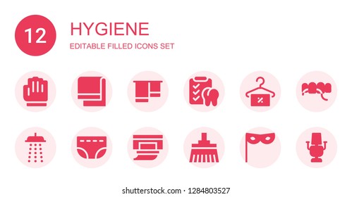 hygiene icon set. Collection of 12 filled hygiene icons included Gloves, Towel, Dental, Shower, Diaper, Wipes, Broom, Mask, Floss, Dentist chair