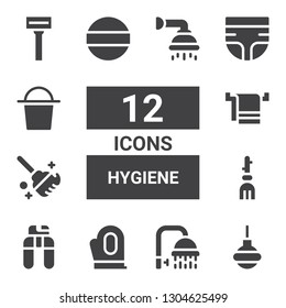 hygiene icon set. Collection of 12 filled hygiene icons included Enema, Shower, Gloves, Nail clippers, Broom, Clean, Towel, Pad, Diaper, Bucket, Razor