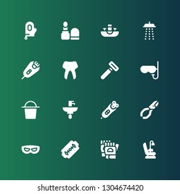 hygiene icon set. Collection of 16 filled hygiene icons included Dentist chair, Gloves, Razor, Mask, Nail clippers, Electric razor, Sink, Bucket, Tooth, Shower, Make up, Glove