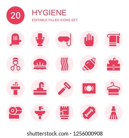 hygiene icon set. Collection of 20 filled hygiene icons included Glove, Dentist chair, Mask, Gloves, Towel, Eyelashes curler, Shower cap, Dentist mask, Sink, Razor, Toilet paper