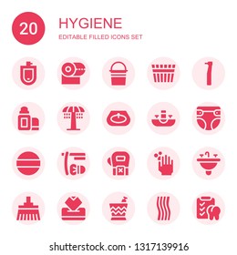 hygiene icon set. Collection of 20 filled hygiene icons included Urinal, Toilet paper, Bucket, Dentist, Lip balm, Shower, Sink, Diaper, Pad, Shave, Gloves, WASHING HANDS, Broom