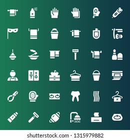 hygiene icon set. Collection of 36 filled hygiene icons included Sink, Tissue, Shower, Dentist mask, Razor, Toothpaste, Towel, Tooth, Glove, Nail clippers, Wipes, Bucket, Restroom